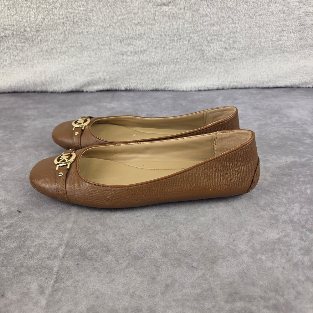 Michael Kors Fulton Moc Brown Saffiano Leather Ballet Flats Gold MK Logo 8M